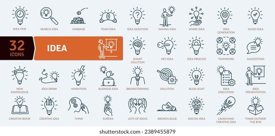 Idea icons pack. Idea may apply to a mental image or formulation of something seen or known or imagined