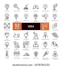 Idea icons pack. Idea may apply to a mental image or formulation of something seen or known or imagined