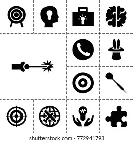 Idea icons. set of 13 editable filled idea icons such as plane, head with keyhole, bulb in hand, bulb, target, call, dart, electric circuit, brain, puzzle