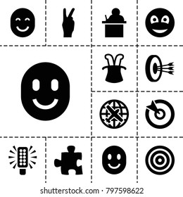 Idea icons. set of 13 editable filled idea icons such as plane, teacher, magic hat, target, puzzle, smiley, arrows in target, peace, smiling emot