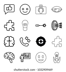 Idea icons. set of 16 editable outline idea icons such as target, brain, call, smiling emot, puzzle, thumb up, teacher, arrows in target, electric circuit, bulb, smile