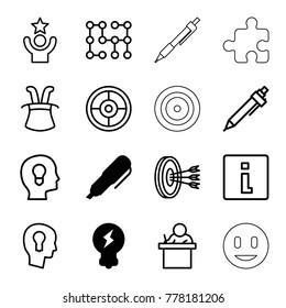 Idea icons. set of 16 editable outline idea icons such as bulb, pen, info, teacher, magic hat, head with keyhole, target, keyhole in head, arrows in target, celebrity