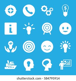 idea icons set. Set of 16 idea filled icons such as smiling emot, human brain, target, light bulb, gear, teacher, bulb, head with keyhole, call, ship