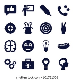 idea icons set. Set of 16 idea filled icons such as brain, call, hot dog, bulb heart, human brain, smiley, target, gear, thumb up, bulb, bulb with dollar, peace, magic hat