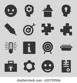 Idea icons set. set of 16 idea filled icons such as puzzle, paper, smiling emot, target, hot dog, gear, keyhole in head, gear in head, bulb, teacher, pen, smile