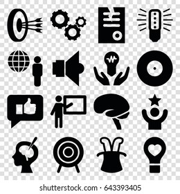 Idea icons set. set of 16 idea filled icons such as paper, brain, bulb heart, brain surgery, target, lamp, gear, globe and man, thumb up, bulb in hand, arrows in target