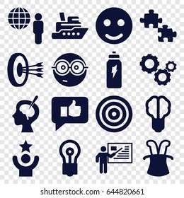 Idea icons set. set of 16 idea filled icons such as bulb, nerd emoji, brain surgery, energetic drink, gear, teacher, globe and man, thumb up, arrows in target, celebrity