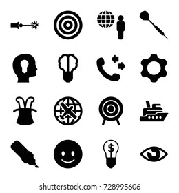 Idea icons set. set of 16 idea filled icons such as plane, call, smiling emot, target, dart, gear, electric circuit, globe and man, head with keyhole, eye, bulb with dollar