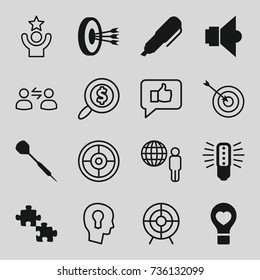 Idea icons set. set of 16 idea filled and outline icons such as bulb heart, lamp, dart, pen, arrows in target, bulb, target, search dollar, keyhole in head, user communication