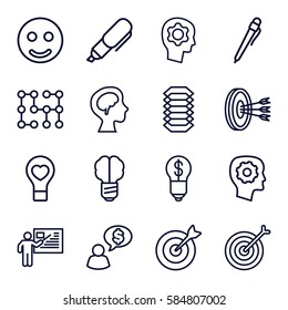 idea icons set. Set of 16 idea outline icons such as gear in head, bulb heart, human brain, target, teacher, pen, electric circuit, smile, arrows in target, bulb with dollar