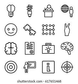 Idea icons set. set of 16 idea outline icons such as brain, paper, fluorescent lamp, target, electric circuit, smiling emot, info, teacher, peace, brain bulb, puzzle