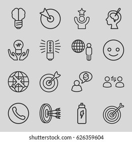 Idea icons set. set of 16 idea outline icons such as plane, brain surgery, target, user communicatrion, energetic drink, smiling emot, arrows in target, celebrity