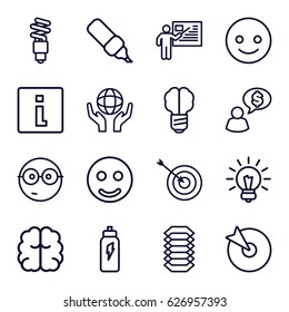 Idea icons set. set of 16 idea outline icons such as target, brain, holding globe, fluorescent lamp, bulb, teacher, electric circuit, energetic drink, smiling emot, nerd emoji