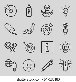 Idea icons set. set of 16 idea outline icons such as target, pen, ink pen, fluorescent lamp, gear, bulb, energetic drink, smiling emot, info, globe and man