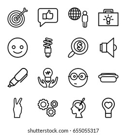 Idea icons set. set of 16 idea outline icons such as bulb heart, brain surgery, hot dog, fluorescent lamp, lamp, gear, search dollar, pen, smiling emot, nerd emoji, target