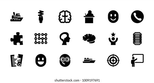 Idea icons. set of 18 editable filled idea icons: brain, teacher, ship, puzzle, target, call, human brain, fluorescent lamp, celebrity, electric circuit, paper, smiling emot