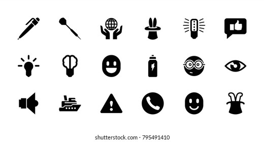 Idea icons. set of 18 editable filled idea icons: nerd emoji, ship, magic hat, brain bulb, bulb, thumb up, eye, call, lamp, warning, energetic drink, dart, pen, smiling emot