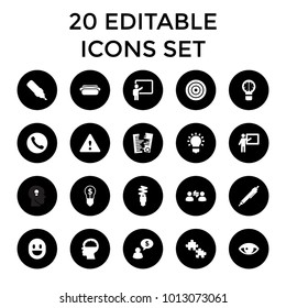 Idea icons. set of 20 editable filled idea icons such as pen, teacher, puzzle, target, call, hot dog, fluorescent lamp, warning. best quality idea elements in trendy style.