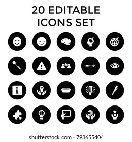 Idea icons. set of 20 editable filled idea icons such as info, pen, smiling emot, bulb in hand, eye, brain surgery, hot dog. best quality idea elements in trendy style.