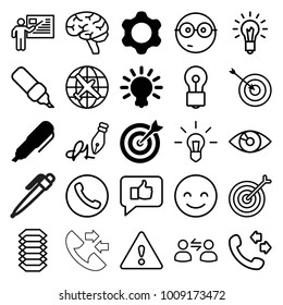 Idea icons. set of 25 editable outline idea icons such as target, gear, bulb, pen, plane, call, smiling emot, nerd emoji, brain, thumb up, eye, ink pen, light bulb, warning