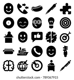 Idea icons. set of 25 editable filled idea icons such as brain, pen, teacher, smiling emot, ship, hot dog, target, thumb up, call, fluorescent lamp, plane, bulb, puzzle