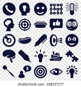 Idea icons set. set of 25 idea filled icons such as nerd emoji, hot dog, brain, human brain, smiley, light bulb, dart, pen, electric circuit, target, thumb up, bulb