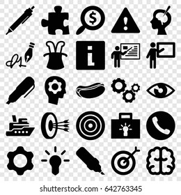 Idea icons set. set of 25 idea filled icons such as brain, pen, hot dog, brain surgery, ink pen, warning, gear, search dollar, teacher, gear in head, bulb, target, eye, call