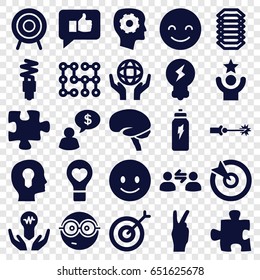 Idea icons set. set of 25 idea filled icons such as gear in head, puzzle, smiling emot, nerd emoji, brain, holding globe, bulb heart, target, fluorescent lamp, energetic drink