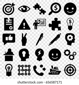 Idea icons set. set of 25 idea filled icons such as gear in head, bulb, call, pen, paper, smiling emot, warning, target, gear, search dollar, teacher, electric circuit