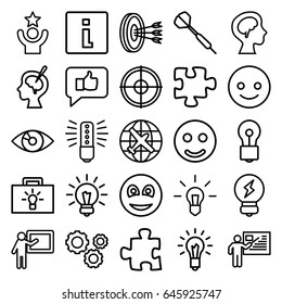 Idea icons set. set of 25 idea outline icons such as plane, bulb, puzzle, human brain, brain surgery, smiley, light bulb, gear, teacher, dart, smiling emot, smile, info