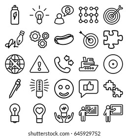Idea icons set. set of 25 idea outline icons such as plane, target, bulb, call, puzzle, hot dog, bulb heart, ink pen, warning, gear, teacher, electric circuit, energetic drink