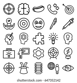 Iconos de Idea establecidos. conjunto de 25 iconos de esquema de ideas como objetivo, cerebro, llamada, pluma, hot dog, cirugía cerebral, sonriente, bombilla, engranaje, bombilla, ojo de cerradura en la cabeza, engranaje en la cabeza