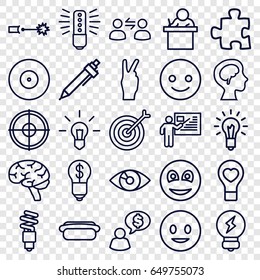 Idea icons set. set of 25 idea outline icons such as pen, brain, bulb heart, human brain, smiley, hot dog, light bulb, fluorescent lamp, teacher, user communicatrion