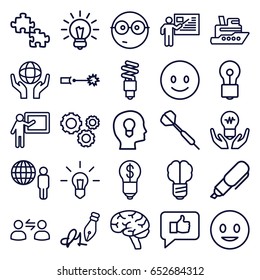 Idea icons set. set of 25 idea outline icons such as bulb, brain, holding globe, ink pen, fluorescent lamp, gear, teacher, pen, user communicatrion, electric circuit, dart
