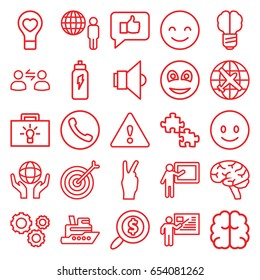 Idea icons set. set of 25 idea outline icons such as plane, brain, holding globe, bulb heart, smiley, lamp, warning, gear, search dollar, teacher, user communicatrion