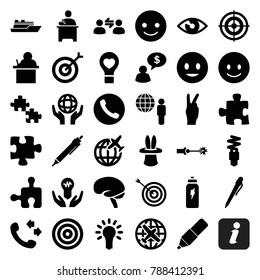 Idea icons. set of 36 editable filled idea icons such as plane, target, call, pen, puzzle, teacher, smiling emot, brain, holding globe, bulb heart, globe and man, bulb in hand