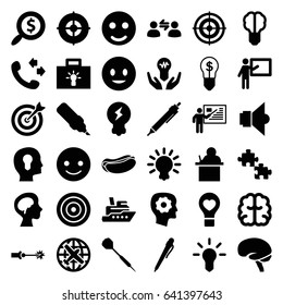 Idea icons set. set of 36 idea filled icons such as plane, gear in head, brain, call, pen, smiling emot, hot dog, bulb heart, human brain, lamp, dart, target, search dollar