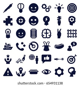 Idea icons set. set of 36 idea filled icons such as brain, bulb, call, pen, smiling emot, hot dog, human brain, ink pen, fluorescent lamp, warning, target, gear, gear in head