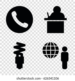 Idea icons set. set of 4 idea filled icons such as fluorescent lamp, globe and man, call