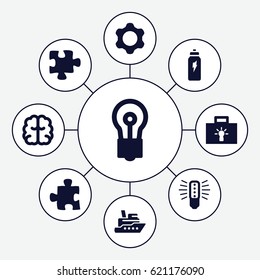 Idea icons set. set of 9 idea filled icons such as brain, bulb, puzzle, energetic drink, gear