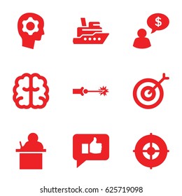 Idea icons set. set of 9 idea filled icons such as brain, target, gear in head, electric circuit, thumb up, man thinking about money, ship