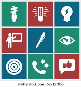 Idea icons set. set of 9 idea filled icons such as call, fluorescent lamp, bulb, thumb up, target, eye, teacher