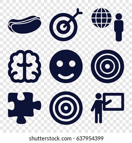 Idea icons set. set of 9 idea filled icons such as brain, puzzle, hot dog, globe and man, target, teacher