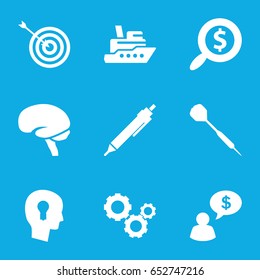 Idea icons set. set of 9 idea filled icons such as target, pen, brain, dart, gear, search dollar, keyhole in head, man thinking about money