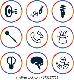 Idea icons set. set of 9 idea filled and outline icons such as brain, ink pen, fluorescent lamp, dart, arrows in target, brain bulb, call, magic hat