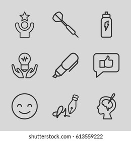 Idea icons set. set of 9 idea outline icons such as brain surgery, ink pen, pen, energetic drink, dart, smiling emot, celebrity, thumb up