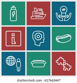 Idea icons set. set of 9 idea outline icons such as gear in head, hot dog, energetic drink, info, ship, puzzle, globe and man