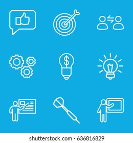 Idea icons set. set of 9 idea outline icons such as gear, bulb, teacher, user communicatrion, dart, target, bulb with dollar