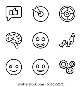 Idea icons set. set of 9 idea outline icons such as brain, ink pen, gear, smiling emot, smile, target