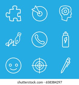 Idea icons set. set of 9 idea outline icons such as gear in head, ink pen, target, energetic drink, smiling emot, pen, puzzle